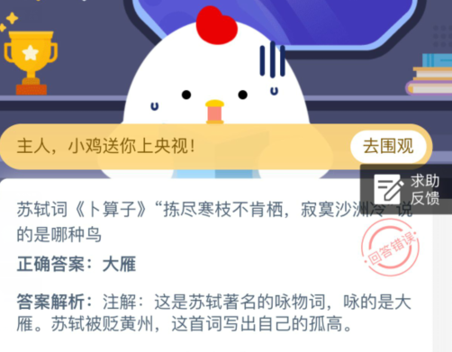 苏轼词卜算子拣尽寒枝不肯栖，寂寞沙洲冷说的是哪种鸟？蚂蚁庄园2023年11月5日答案