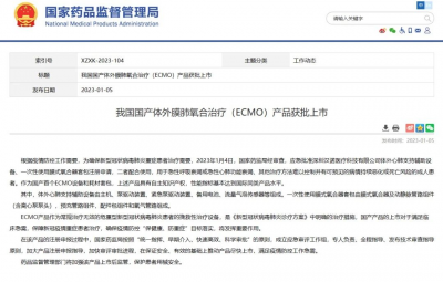 ​我国首台国产体外膜肺氧合系统（ECMO）获批上市（人工心肺）